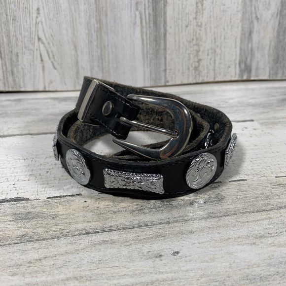 Don Cuco's Boots Black Leather Belt Rodeo Belt Silver Metal Emblems Accents - Picture 1 of 9